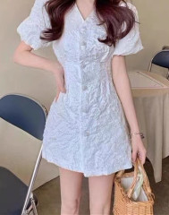 French bubble sleeve button up waist slim dress versatile slim 2022 spring and summer new dress