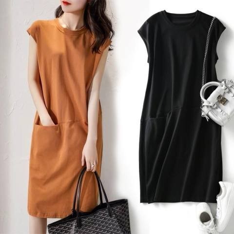  spring new fashion loose and thin solid color T-shirt dress women's dress Korean version medium and long fairy skirt