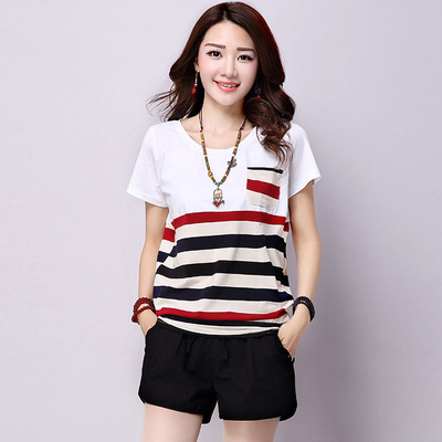 Stripe splicing short sleeve T-shirt women's thin top loose large women's round neck T-shirt to Taobao