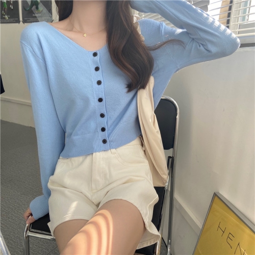 Spring and autumn thin and thin high waist outer coat solid color exposed collarbone blended wool cardigan short knitted small sweater women