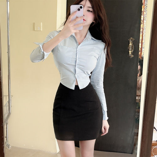 Real shot professional suit female autumn slim short crop long sleeve shirt package buttock short skirt work clothes two sets