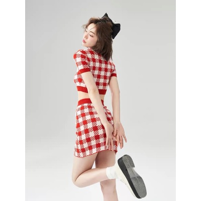 LaluneDuCielLLDC check short sleeve knitwear jacket skirt hot girl two-piece suit for women