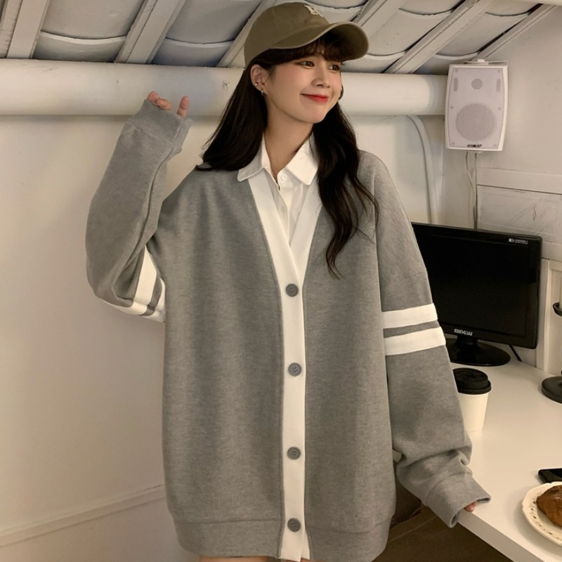 Autumn and winter new v-neck knitted cardigan coat women's 2022 design sweater bf lazy wind mid-length top