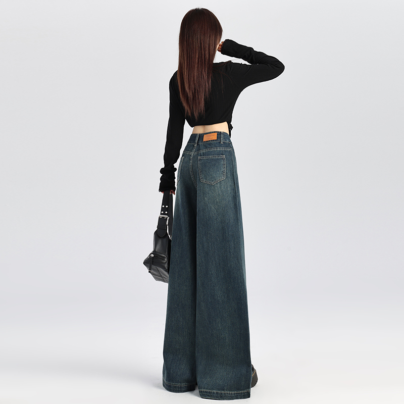 24th ootd!深藍色顯瘦闊腿褲｜新款雙扣設計感皮牌垂感闊腿牛仔褲