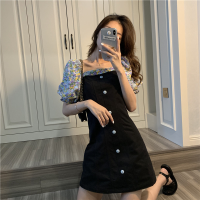 Korean style, sweet and foreign style, age reducing French style, square flower, patchwork, bubble sleeve, slim short dress