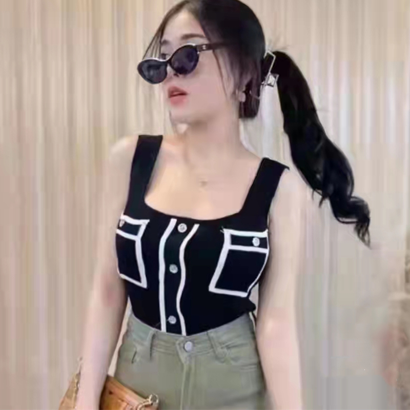 2022 summer fashion new vest suspender heavy industry button knit versatile thin commuter slim top