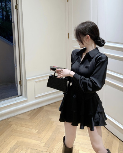 Real price real shot Korean feminine two color texture ribbon temperament collect waist long-sleeved shirt dress