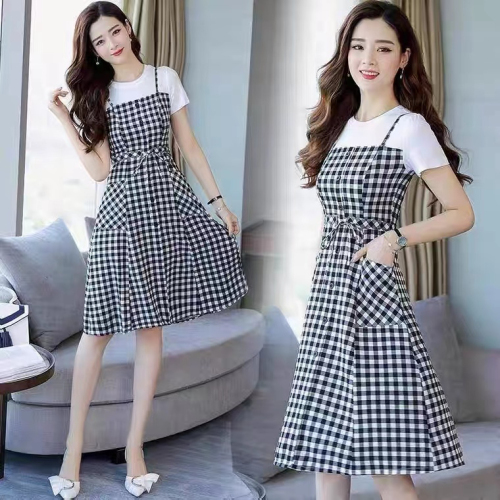 Sling Plaid Dress Women 2024 Summer New Slim Fit Waist Mid-Length Casual Fake Two-piece A-Line Skirt