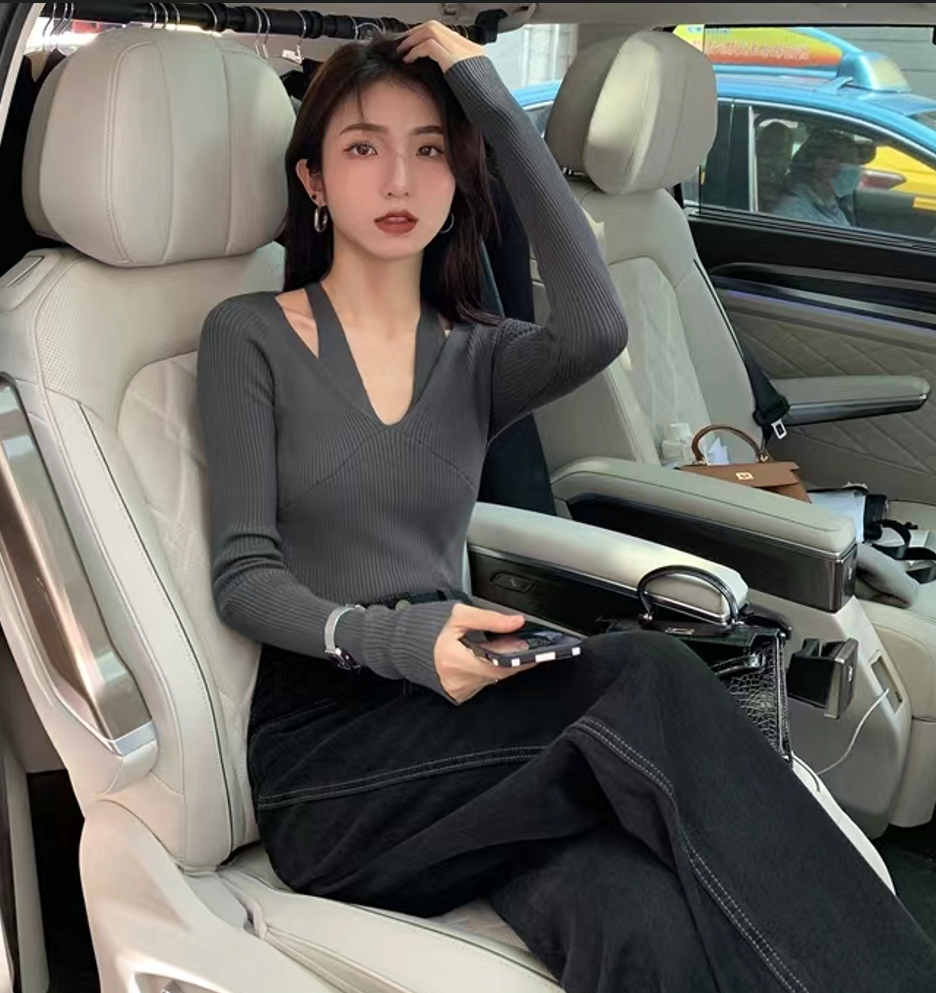 V-neck long-sleeved knitted sweater women's autumn inner clavicle design with a sense of niche slim-fitting halter bottoming shirt top