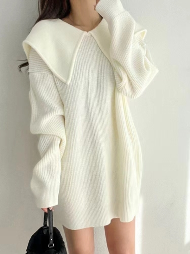 Korean chic autumn and winter lazy style large lapel pit strip design loose casual long-sleeved knitted dress
