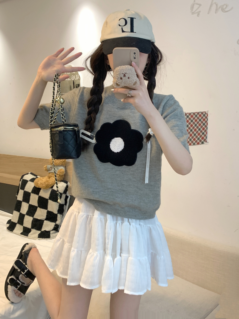 Real price real price flocking three-dimensional flower jacquard short-sleeved t-shirt knitwear casual thin section soft glutinous skin-friendly knitwear