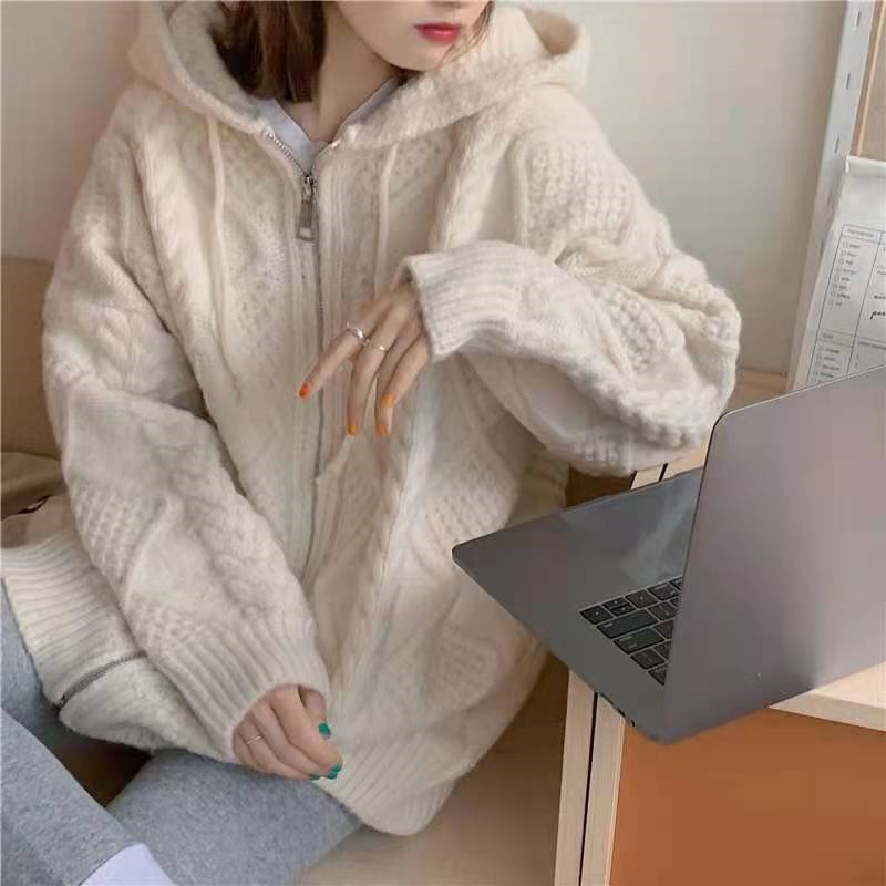 Twist sweater women's autumn and winter Korean version retro loose and lazy outer wear knitted sweater thickened warm hooded cardigan coat