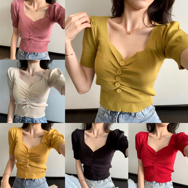 Official website picture short sleeve T-shirt women's fashion spring temperament V-neck knit slim open navel blouse elegant style