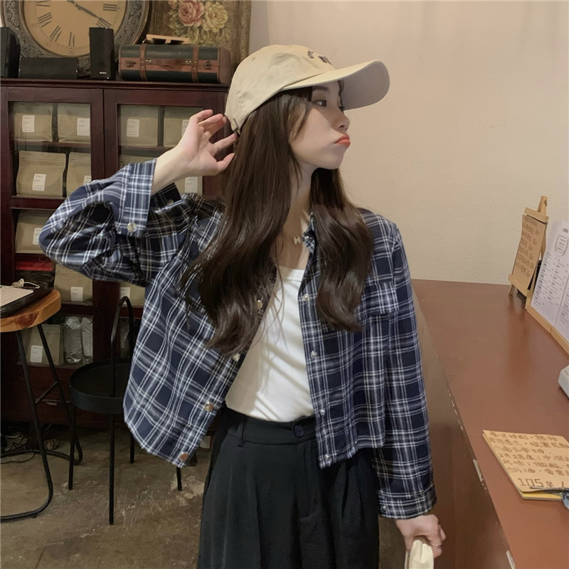 Real shooting real price Korean ins plaid long-sleeved short shirt women's autumn retro all-match loose casual top