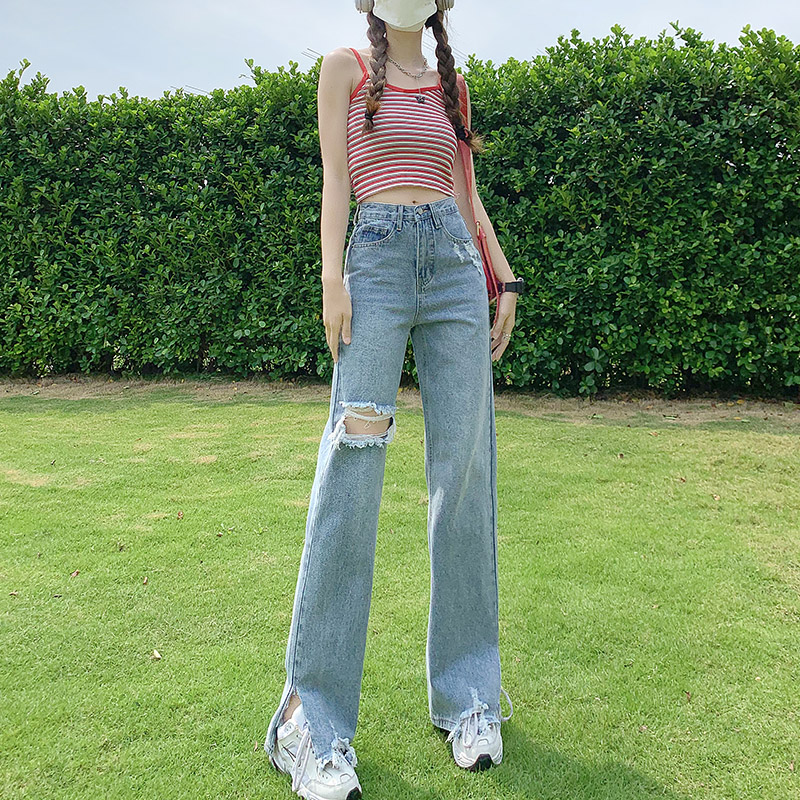 Actual shooting of the new light color pierced jeans in spring and summer of 2022 women's split wide leg straight pants