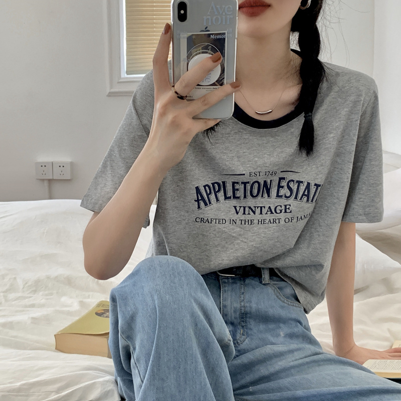 American color contrast round neck short-sleeved T-shirt women's summer letter printing loose short retro top ins