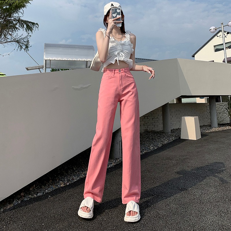 Real shot jeans hot girl pink design loose student straight skinny jeans American style niche high waist