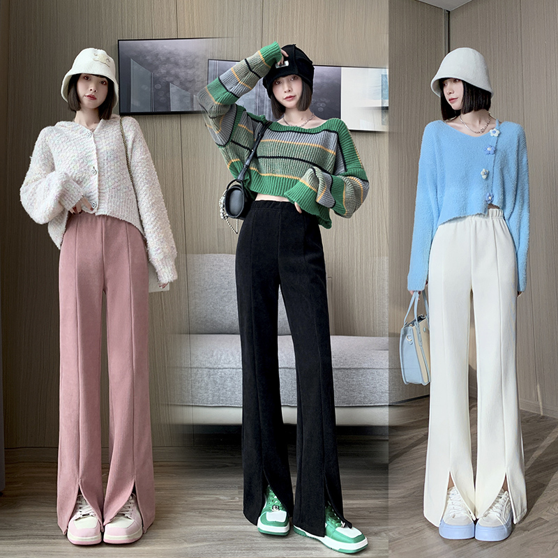 2022 autumn/winter Korean black large size slit suit pants women's plus velvet high waist slim straight tube drape floor mopping pants