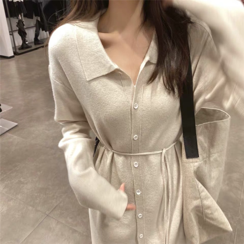 Hot style early autumn dress long sleeve loose show thin inside build knit skirt French gentle wind long wool skirt autumn and winter