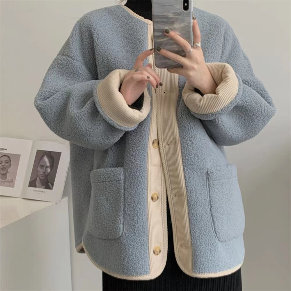Winter thick style contrast color retro lamb wool coat women's new style small fragrance loose thickened mid-length cardigan
