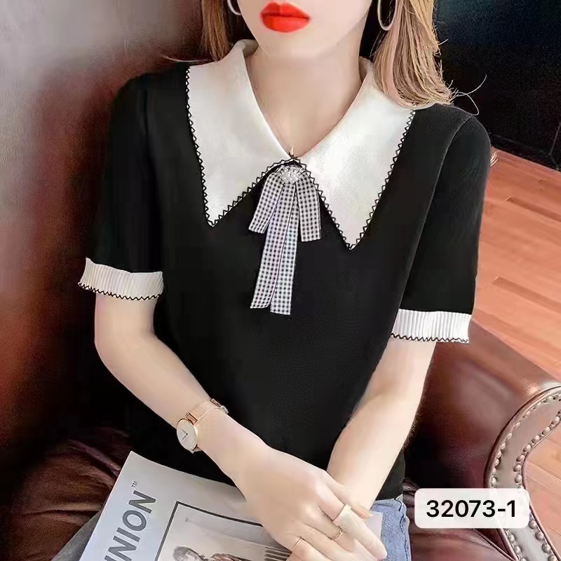 Ice silk short sleeve T-shirt women's 2022 summer thin fashion design feeling niche bow doll collar knitted jacket