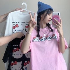 Real shot cotton short sleeve women's medium length cartoon print loose large half sleeve top