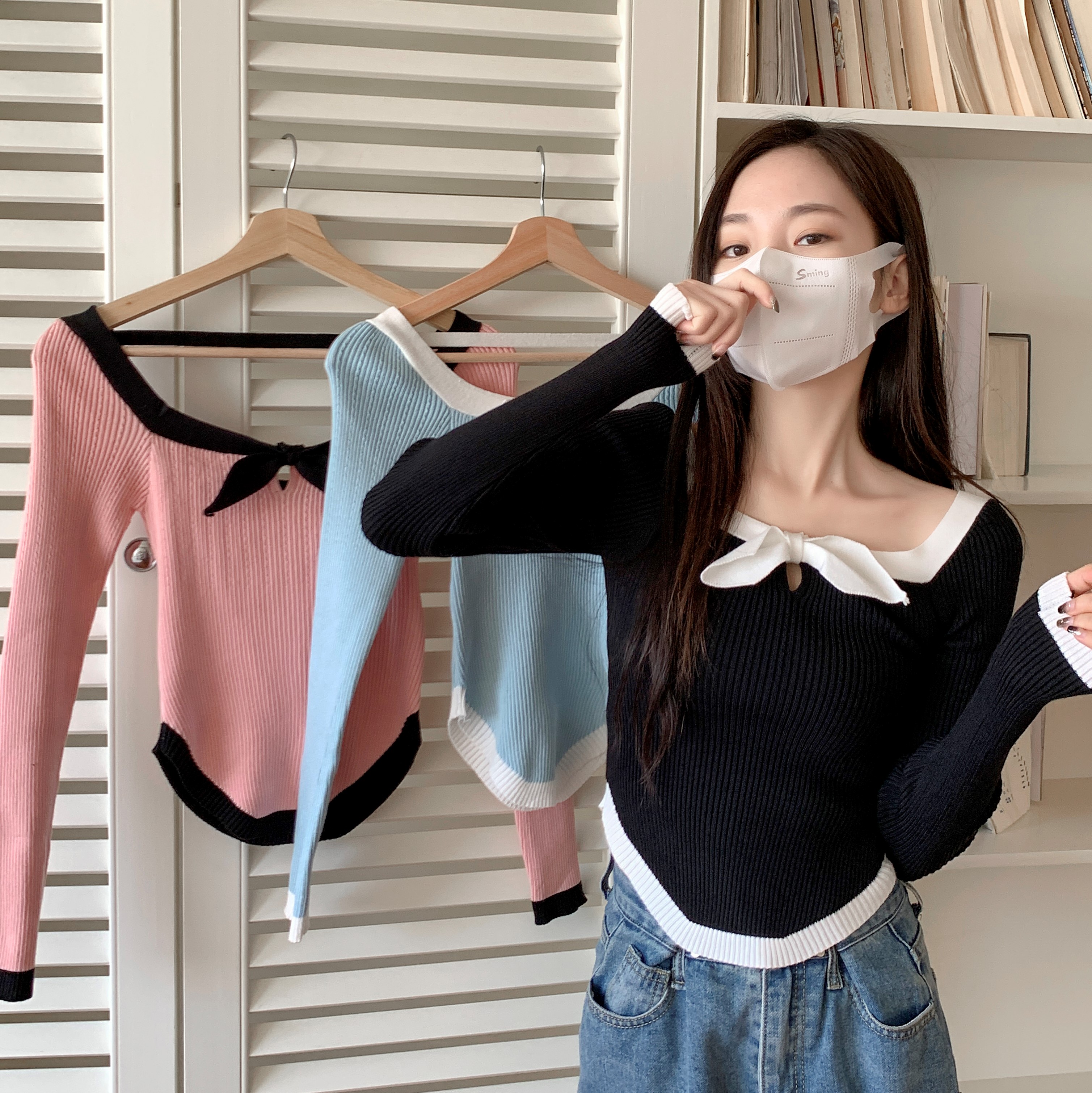 Real shooting real price Pure desire to hit the color long-sleeved knitted sweater all-match thin curved hem inside and outside wear a bottoming sweater