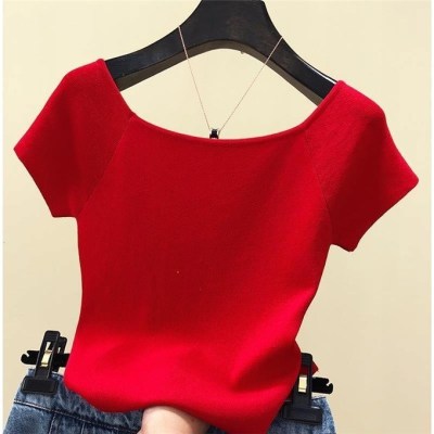 Western style one shoulder short sleeve T-shirt women's summer slim ice silk knitting bottom coat solid half sleeve off shoulder top versatile