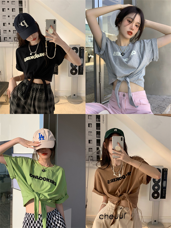 Real price ~4 color / sweet cool letter print bandage navel exposed short T-shirt