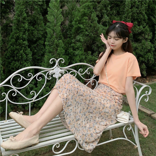 Summer 2020 new gentle wind flower medium length high waist thin temperament chiffon skirt women's fashion suit