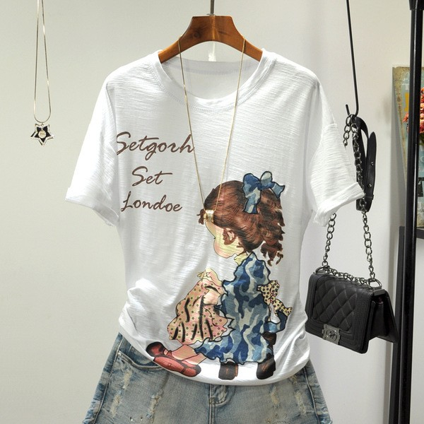Official website image: Slub Cotton 2023 New Multiple Options Short Sleeve Print T-shirt Women's Loose Versatile Korean Summer Top