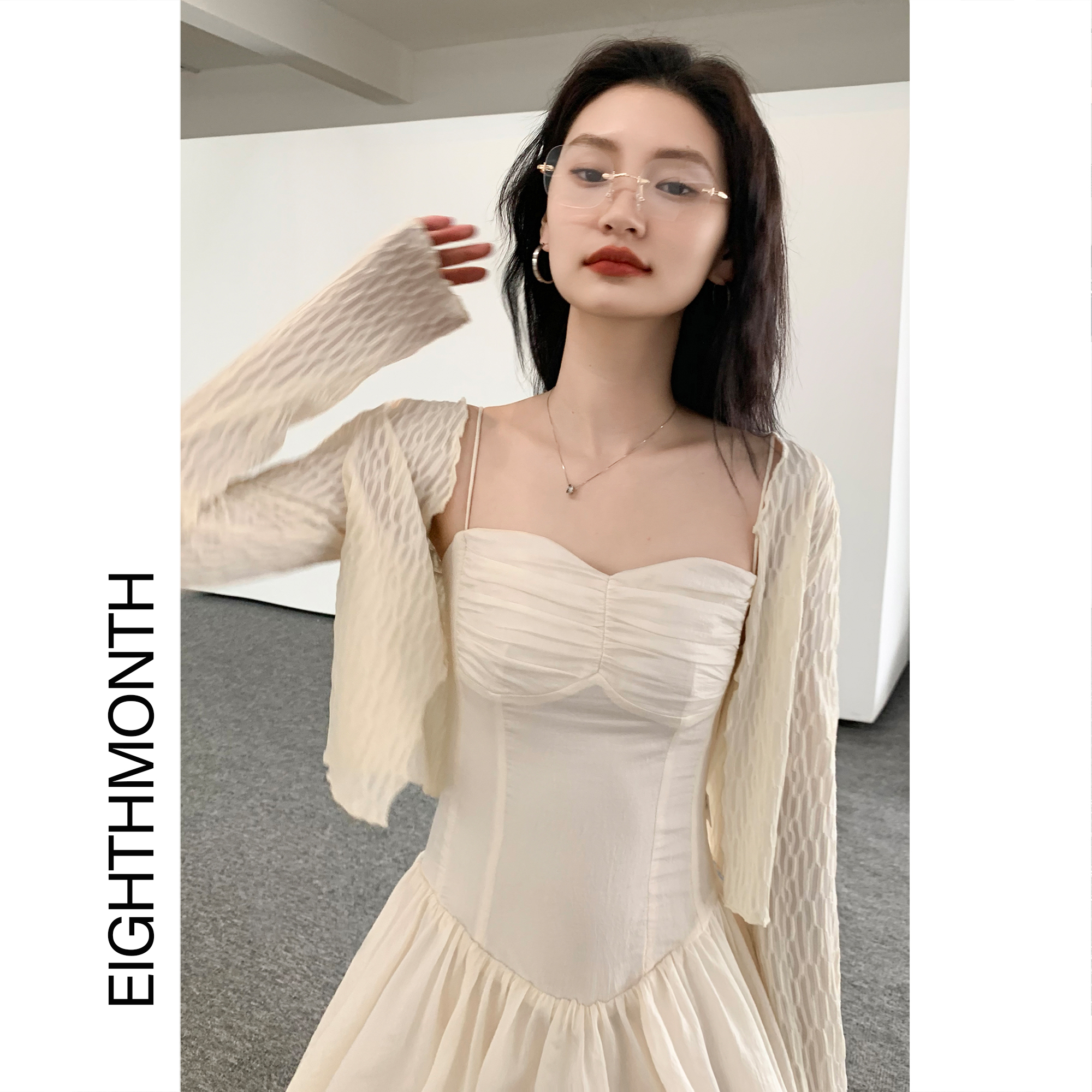 August French sun protection cardigan women's thin shawl blouse tulle small waistcoat top with knitted sweater jacket
