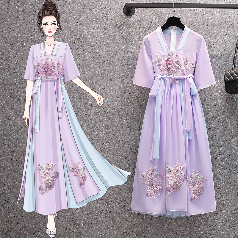 Big size women's 2021 summer dress new slightly fat sister foreign style improved hanfu chinese style ancient dress