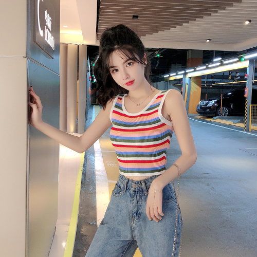 Summer new Hong Kong flavor rainbow striped outerwear small vest female retro short section navel sleeveless top