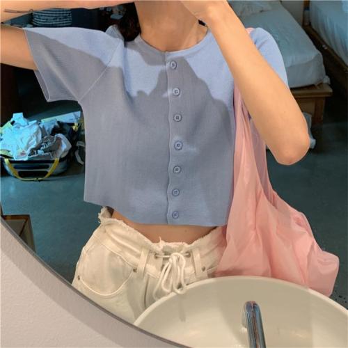 Spring 2020 new Korean style short sleeve T-shirt women's short top bottoming cardigan folding sweater coat