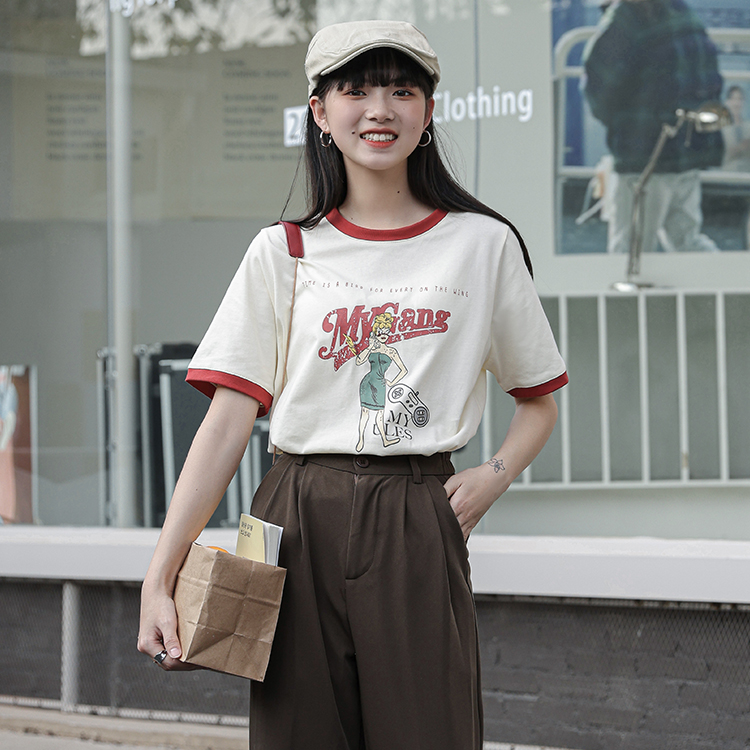 Real shooting of spring and summer new color contrast pure cotton student t-shirt female print white T-shirt Hong Kong style trendy half sleeve