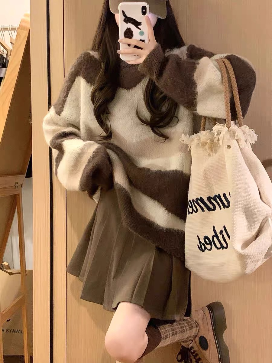 Lazy style contrast color striped milk fufu sweater women's autumn and winter milk wear fashion loose soft waxy top