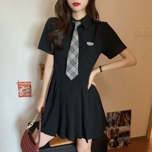 Real shot real price ~ Korean college Polo neckline pleated skirt uniform dress with tie