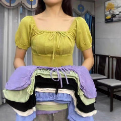 New sweet square neck tie open navel bubble sleeve T-shirt women's base top fashion