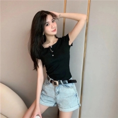 Slim Korean elegant short solid color short sleeve T-shirt summer button female student top