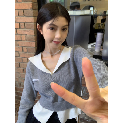 2022 autumn Korean version all-match self-cultivation color-blocking lapel fake two-piece short pullover long-sleeved knitted bottoming top