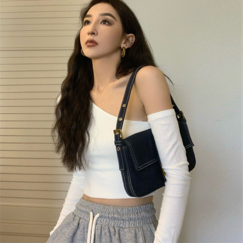 Shoulder cut chic off shoulder top with sloping shoulders for slimming and sexy off shoulder high waisted short sleeved T-shirt for women's spring