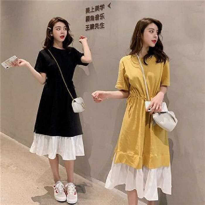 2020 new Korean version loose splicing fake two piece dress, waist length, knee length and all-around skirt, children's summer