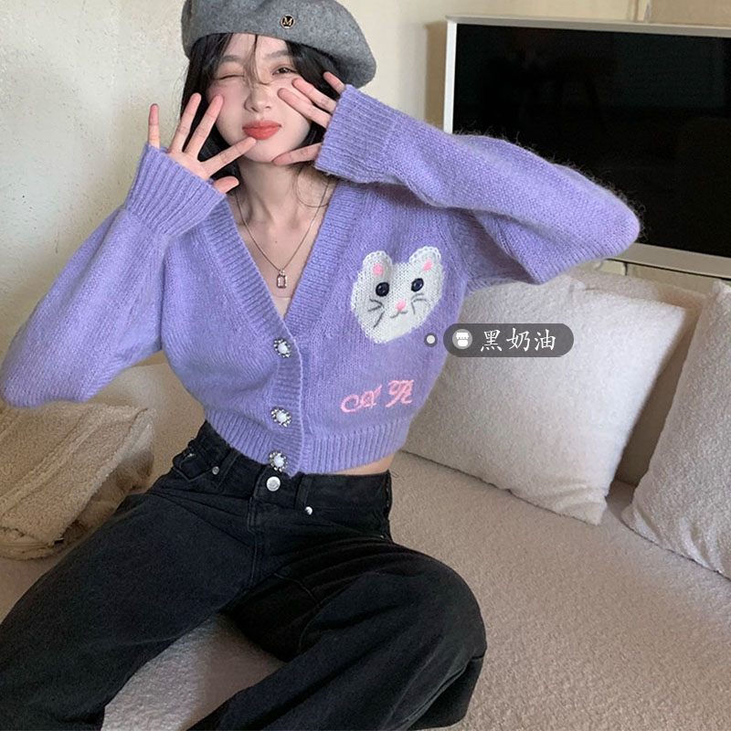 Korean version cat embroidery V-neck purple small fragrance sweater cardigan is thin and short knitted jacket sweet top women