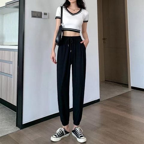 2022 ice silk sweatpants women's summer thin style loose bound feet show thin versatile cool leisure lantern Harun pants