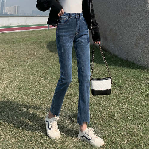Real shot of loose dark blue high-waisted jeans for women looking thin and tall in 2023 new straight elastic slim thickened
