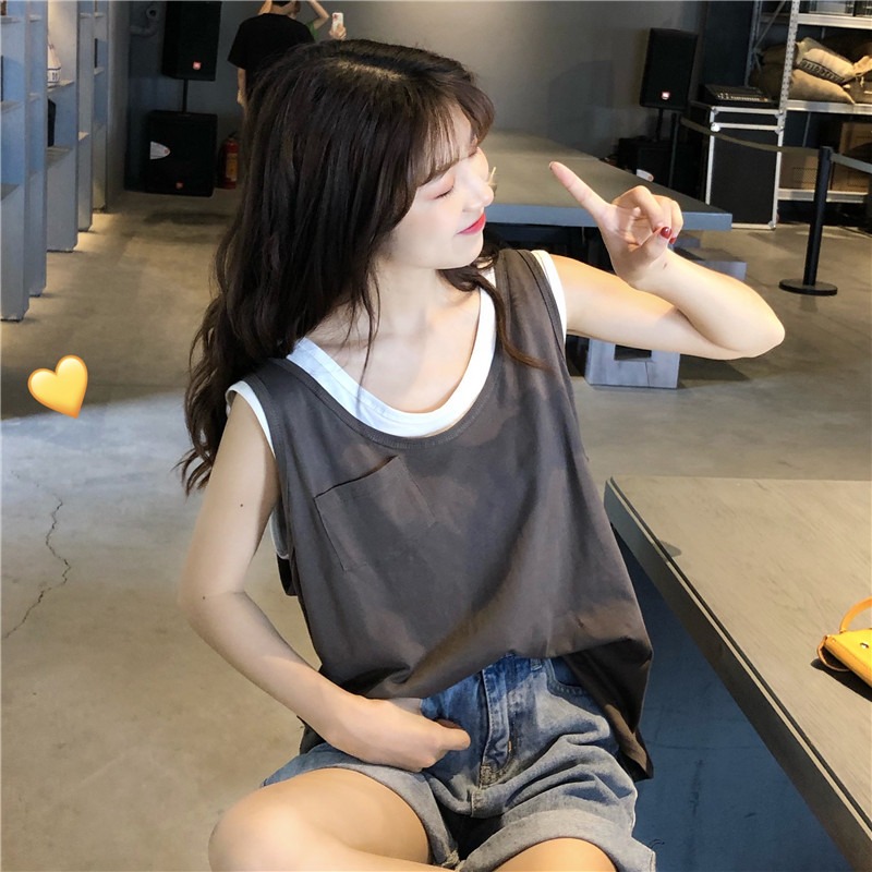 2022 summer Korean personalized loose sports casual leave two-piece vest T-shirt