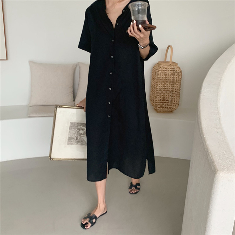 Simple small stand collar l loose slit long shirt skirt 2022 single breasted short sleeve gas long skirt cotton linen large