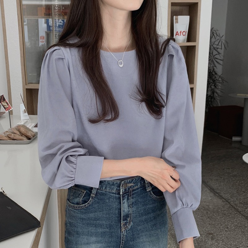 Chiffon shirt women's spring new Korean style simple round neck fashion foreign style versatile slim long sleeve top