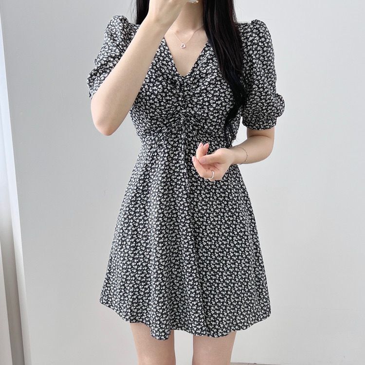 Summer French dot V-neck drawstring bubble sleeve dress women's waist closed short skirt